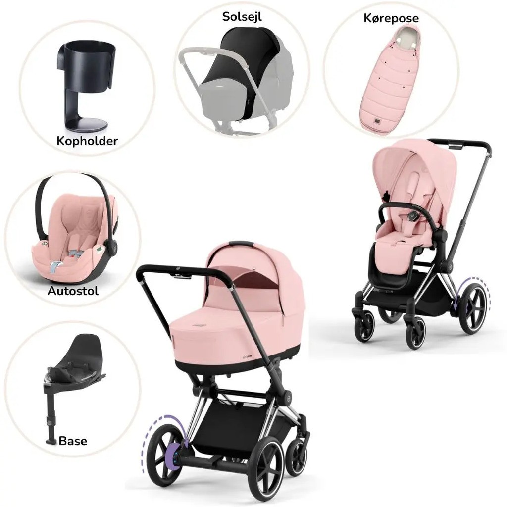 ePriam Duovogn med autostol, base, kørepose, kopholder og solsejl - peach pinkchrome black Plus