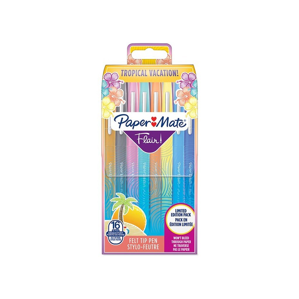 Papermate Paper Mate Flair Felt Tip Pens | Medium spids (0,7 mm) | Forskellige trope-inspirerede farver | Pose med 16 styk