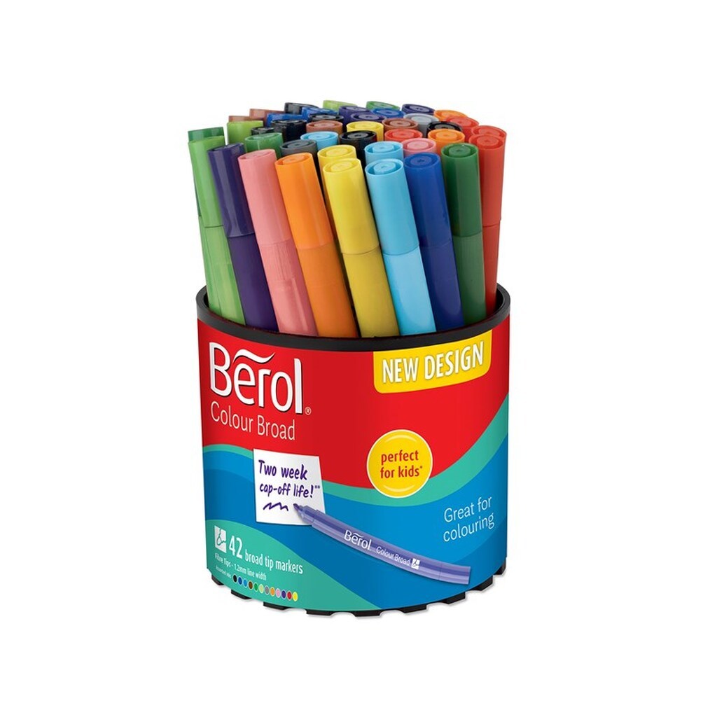 Berol filtspids farvetuscher, bred spids (1,2 mm), vaskbare, forskellige farver, bøtte med 42 styk