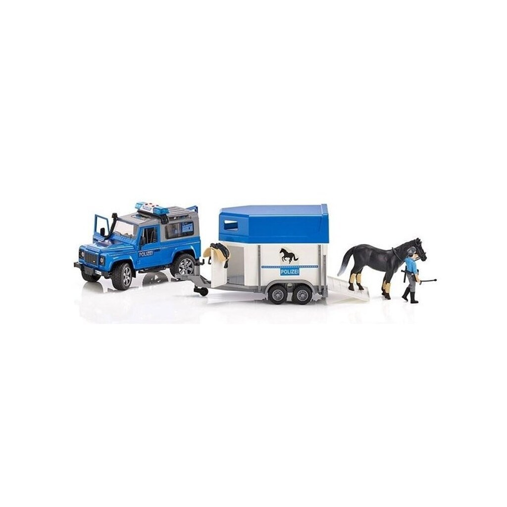 Bruder Land Rover Defender Police vehicle with horse trailer horse and policeman