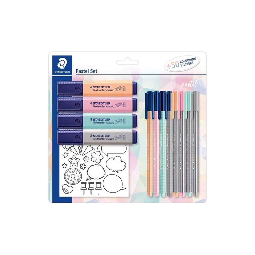 Staedtler Pastel set with 4 textsurfer classic 4 Triplus fineliners 4 Triplus color markers and stickers for coloring