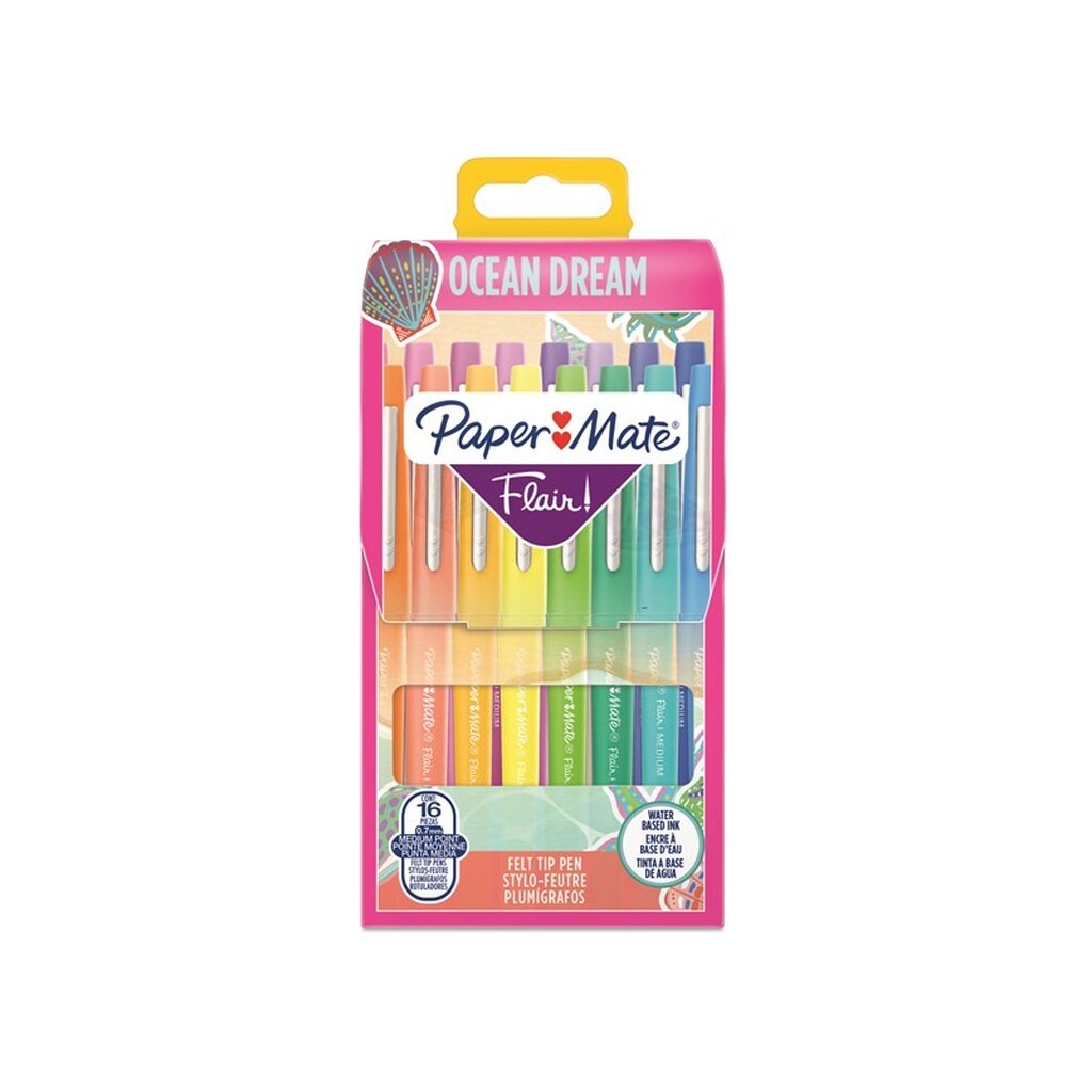 Paper Mate Flair Filttusch Penne | Medium Punkt (0,7 mm) | Assorterede Ocean Dream Farvepenne | 16 stk Pakke