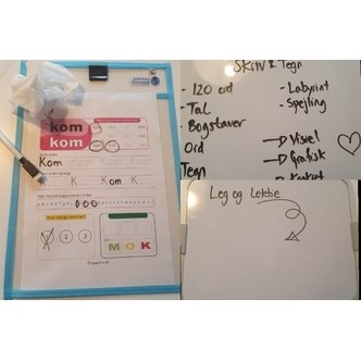 2 x lommer med tuscher og en lille whiteboard tavle