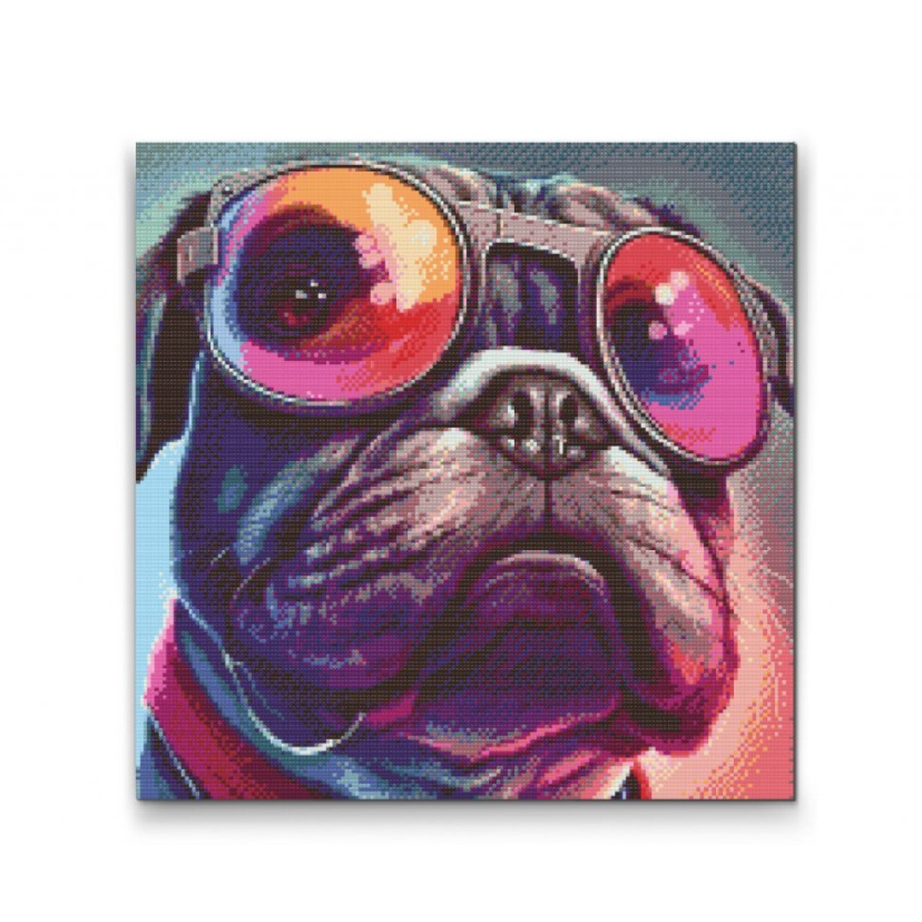 Hund med fede solbriller 2 - Premium - Firkantede sten - 50 x 50 cm - Uden ramme - Lærred, sten, pen, bakke, gele, poser til stenene