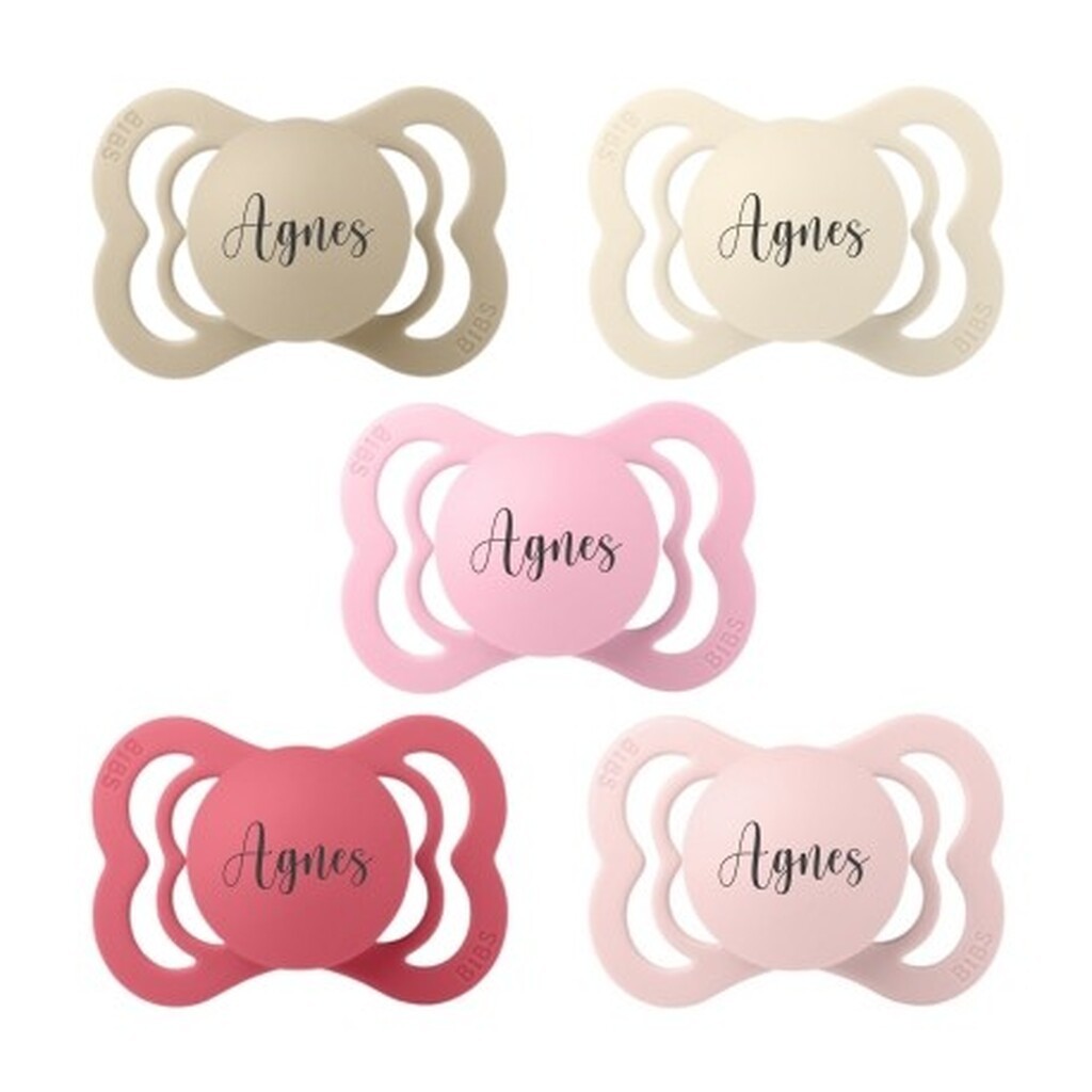 Bibs Supreme, Str. 1 (0-6 Mdr.),  Symmetrisk - Latex, Sutter Med Navn , 5-pak