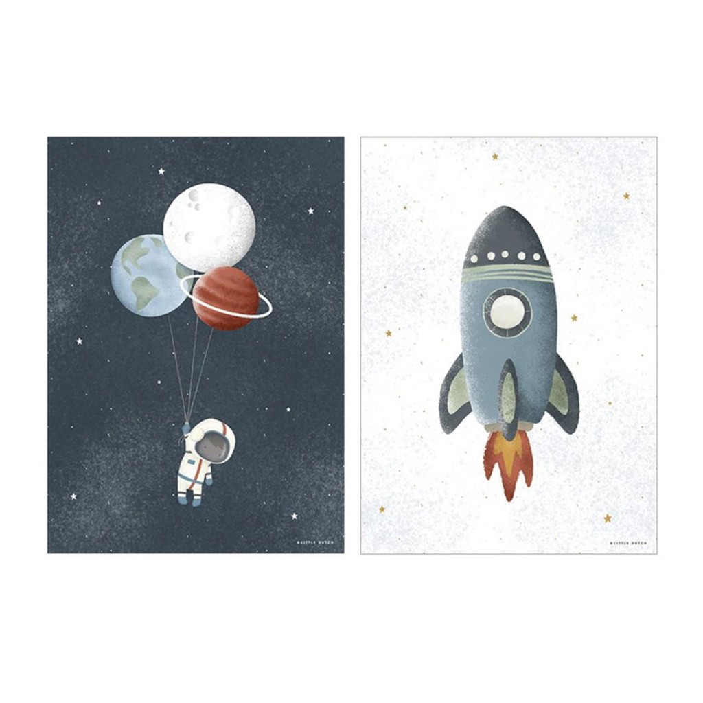 Plakat - vendbar med astronaut og rumraket