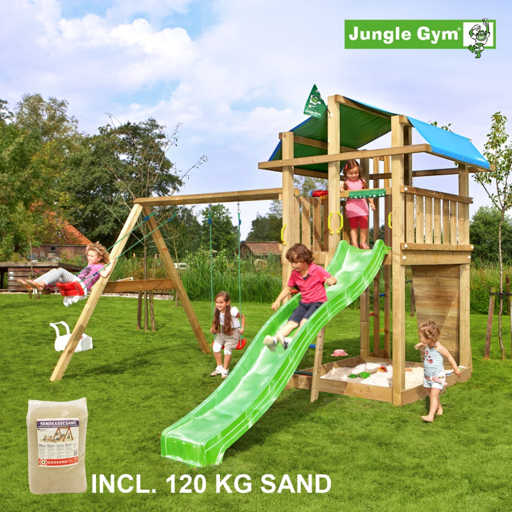 Legetårn komplet Jungle Gym Fort inkl. Swing module x´tra, 120 kg sand og grøn rutschebane
