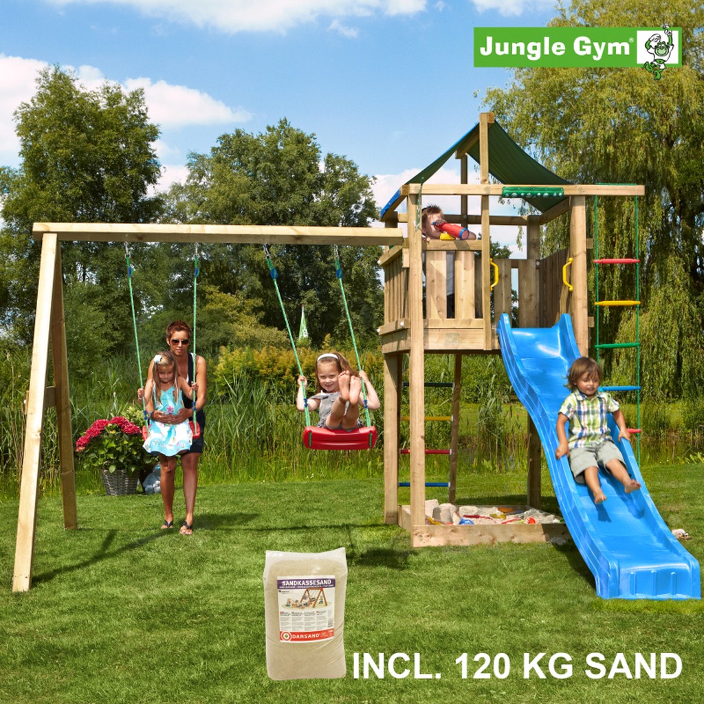 Legetårn komplet Jungle Gym Lodge inkl. Swing module x´tra, 120 kg sand og blå rutschebane