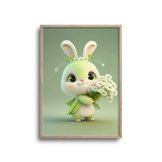 Cute Grøn baby kanin med blomster - plakat
