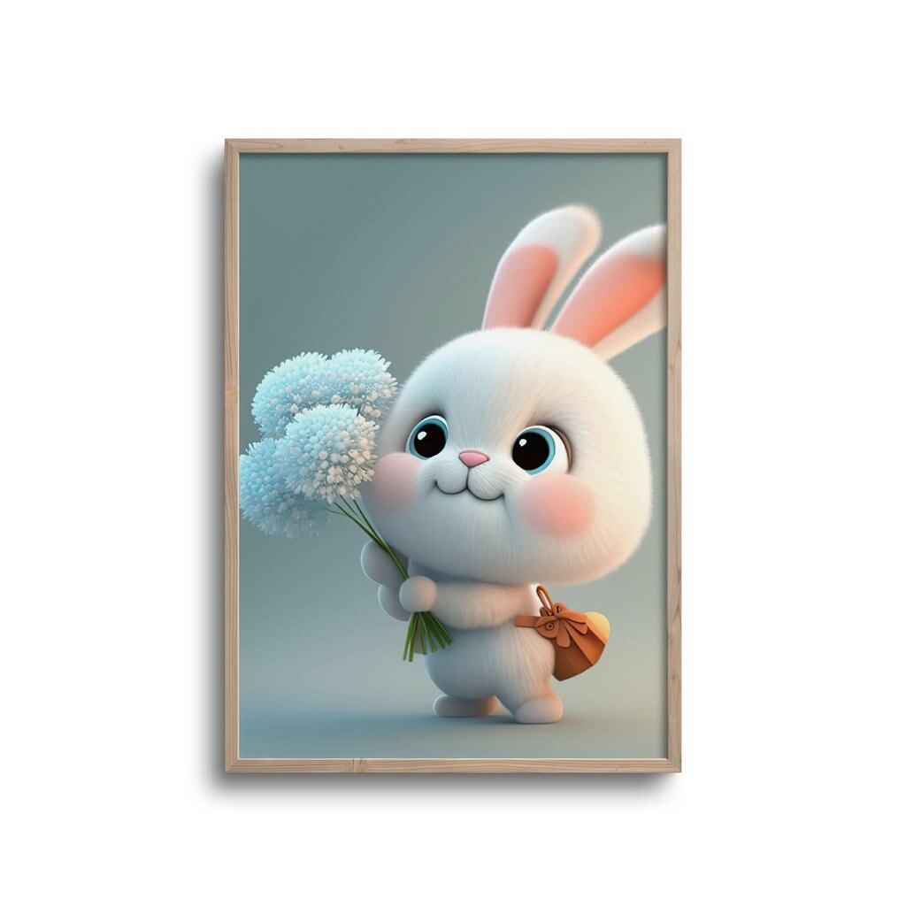 Cute kanin med lyseblå blomster - plakat