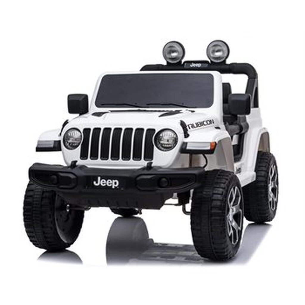 Jeep Wrangler Rubicon hvid med 4 x 12V motor, lædersæde og gummihjul.