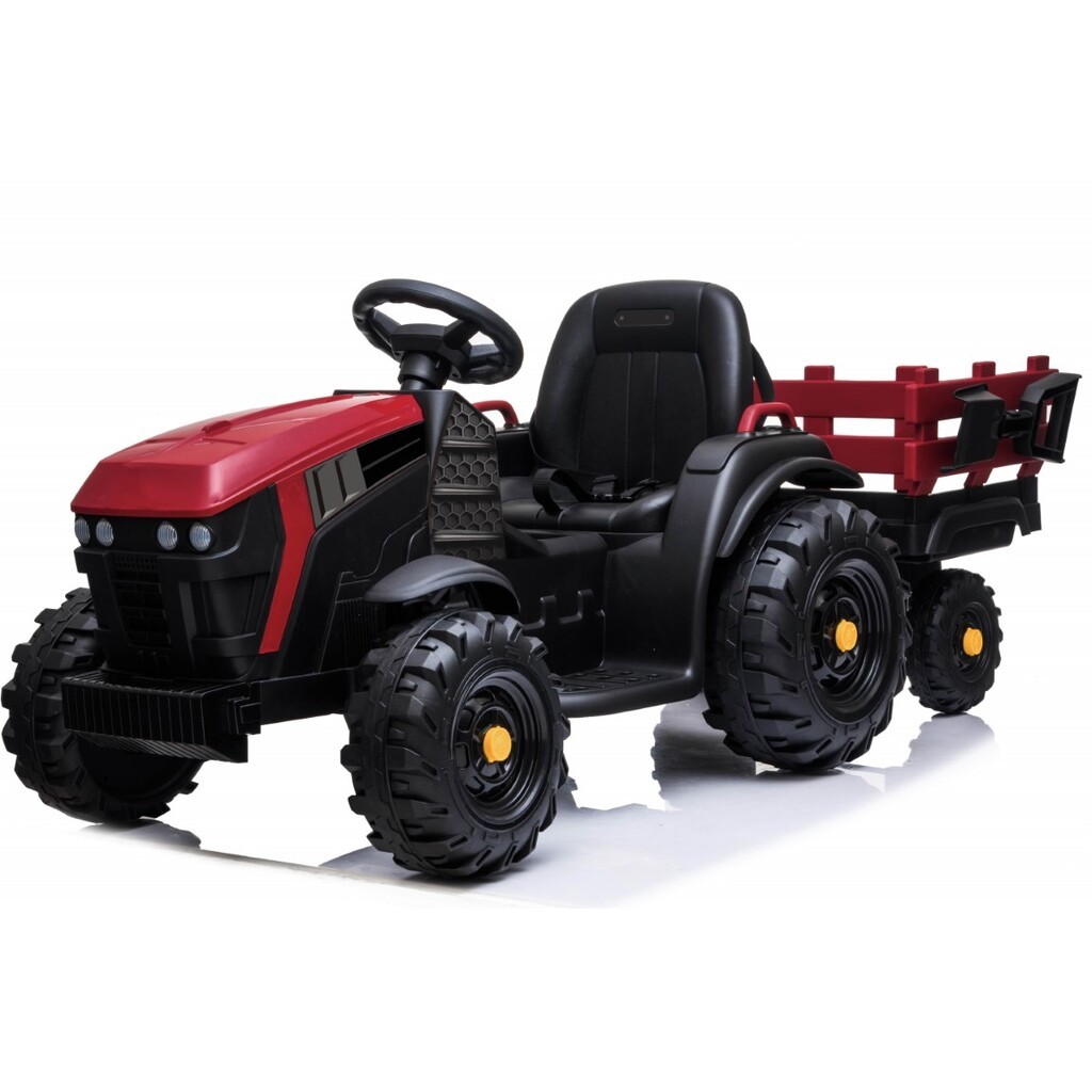 EL Traktor med anhænger til Børn 12V m2.4G, Lædersæde, Gummihjul - Rød