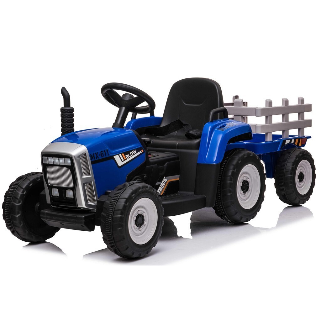 EL Traktor med anhænger Blå 12V m/2.4G, Lædersæde, Gummihjul
