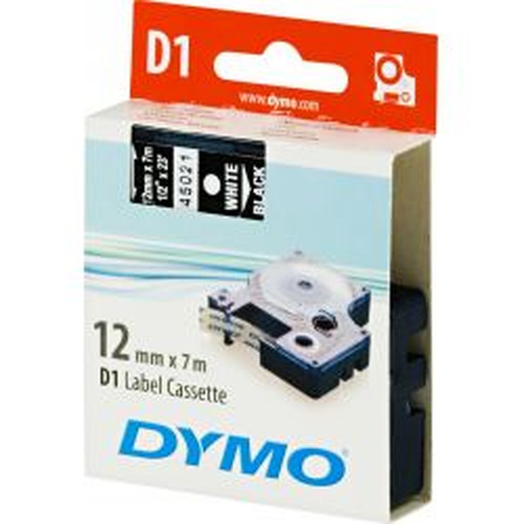 Dymo D1, Marking Tape, 12mm, White Text On Black Tape, 7m - 45021