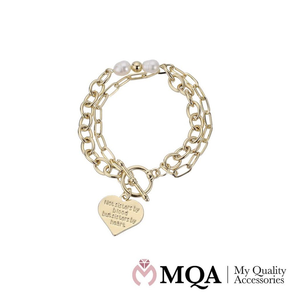 Armbånd, dobbelt, guldfarvet med quot;Sisterquot; hjerte vedhæng, perler