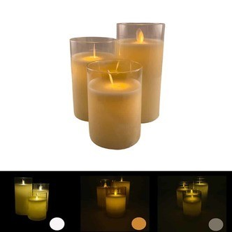 3 stk. LED Stearinlys i glas med bevægelig flamme og fjernbetjening (fås i flere farver)