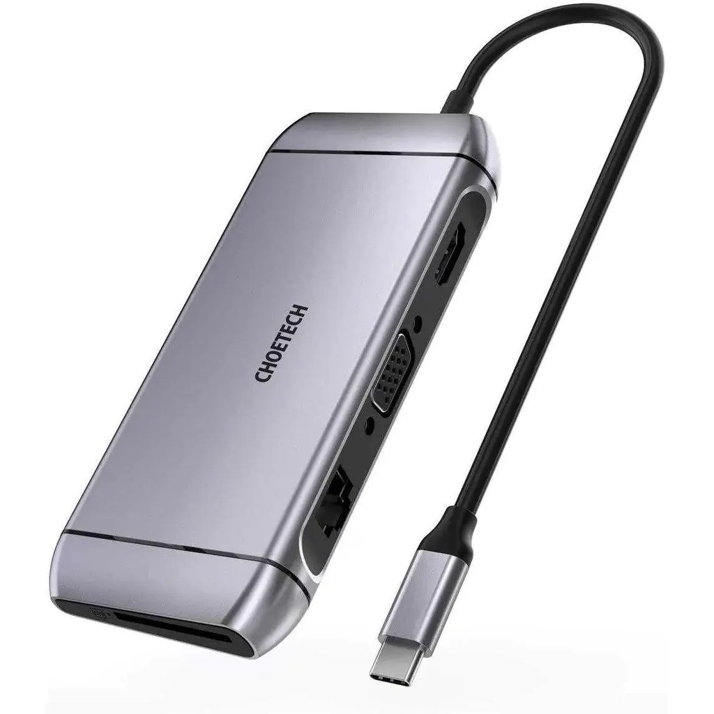 Choetech 9-i-1 USB-C Hub, 4K HDMI, 100W PD, Grå