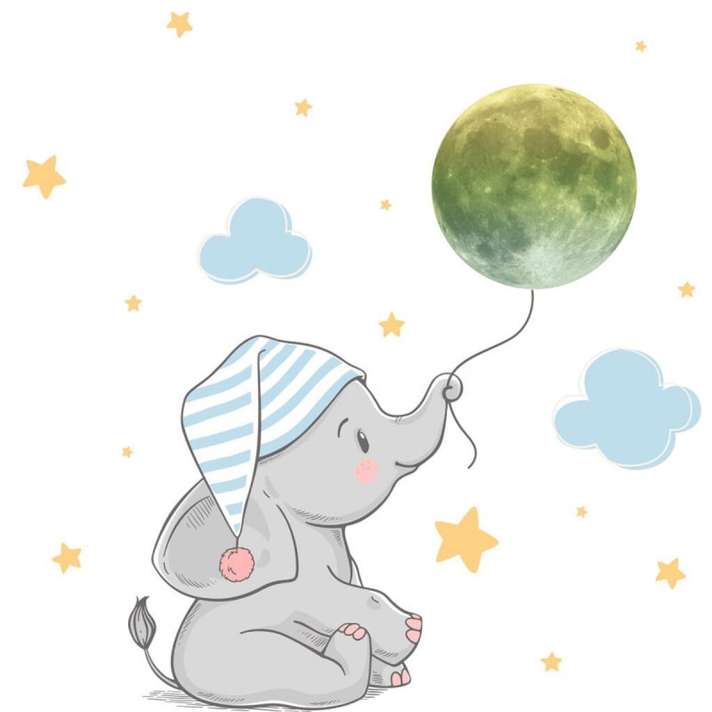 Sød selvlysende wallsticker med en lille elefant unge der holder månen i en snor. Lille. 18 stk.