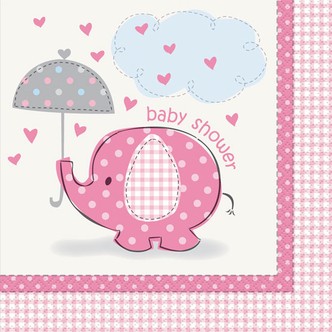 Servietter til Baby Shower med elefant og paraply, lyserødt -16 stk.