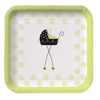 Paptallerkner til Baby shower, dåb med barnevogn, neutral - 8 stk.