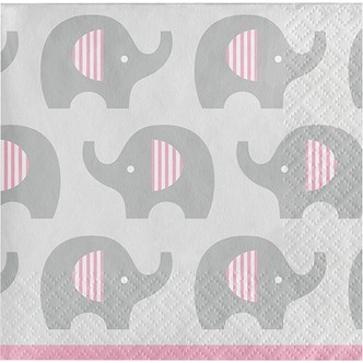 Små servietter m. elefant til Baby Shower, dåb, lyserødt - 16 stk.
