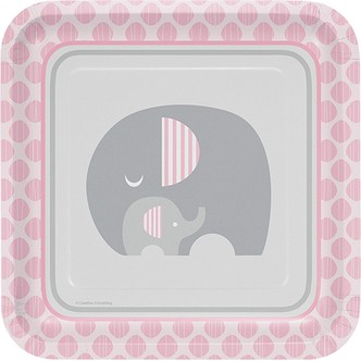 Paptallerkner til Baby Shower, dåb med 'Peanut' elefant, lyserødt - 8 stk.