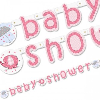 Banner til Baby Shower m. søde elefanter og paraply, lyserødt - 1 stk.