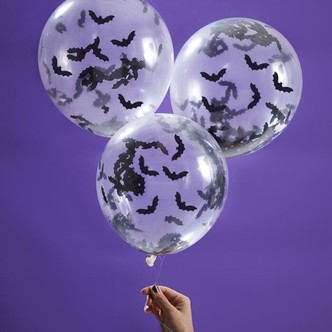 Halloween balloner, transparent med flagermus - 5 stk.