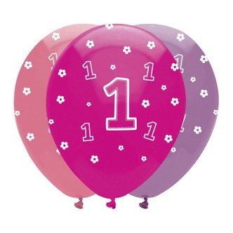 Balloner med 1 tal til første fødselsdag, pige - 6 stk.